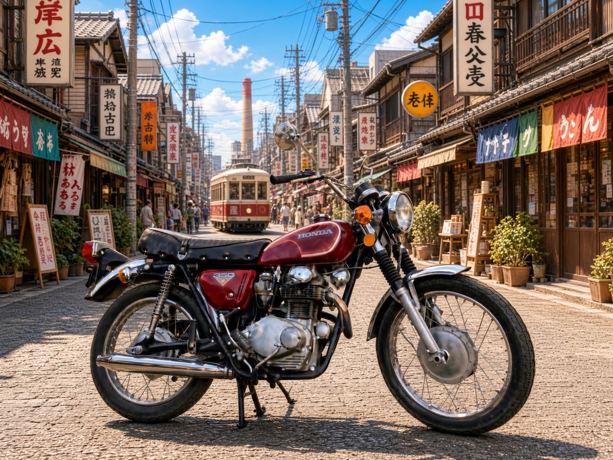 ホンダ CL350 レッド レトロな商店街を背景に